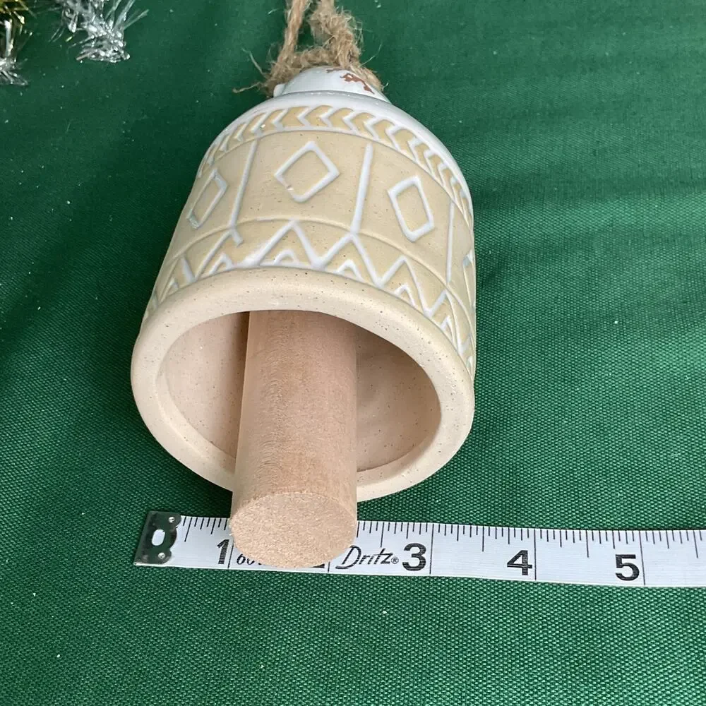 Ceramic Bird Bell Christmas Ornament - Geometric Pattern Rustic Glazed Decor